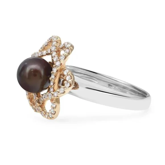 0.38Cttw Round Diamond And Tahitian Pearl Ladies Cocktail Ring 14K Gold Size 7.5